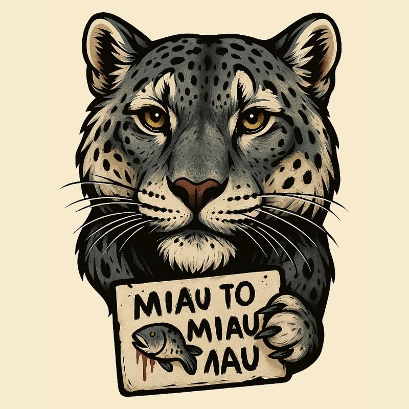 Leopard mit Schild Miau Sign