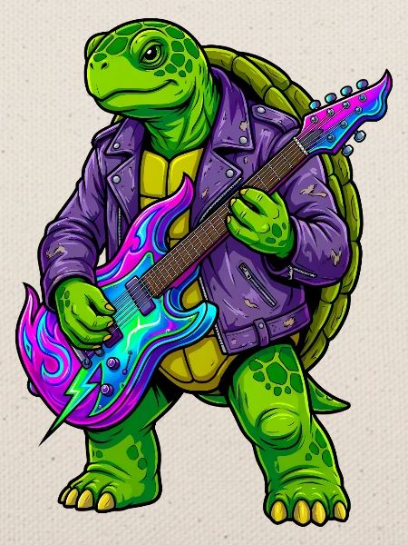 Schildkröte mit Jacke und Neon E-Gitarre