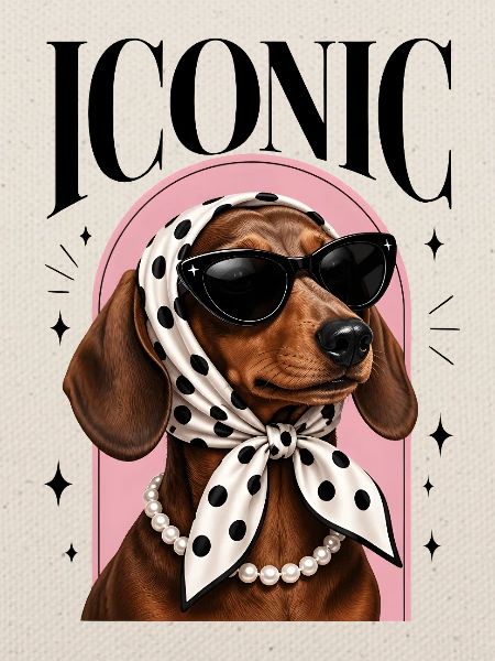 Dackel mit Sonnenbrille, Kopftuch & Perlenkette
