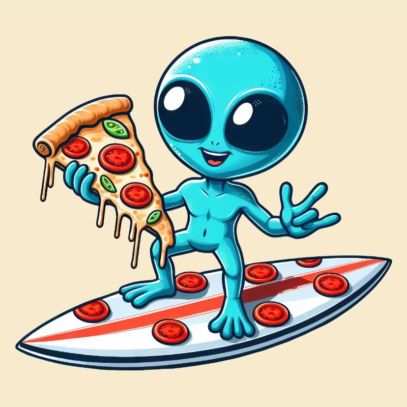 Cooler Alien Surfer mit Pizza