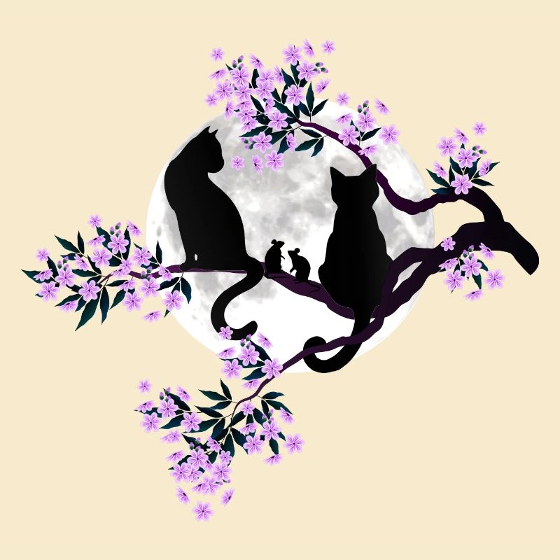 Cats under the full moon in the blossoming cherry tree