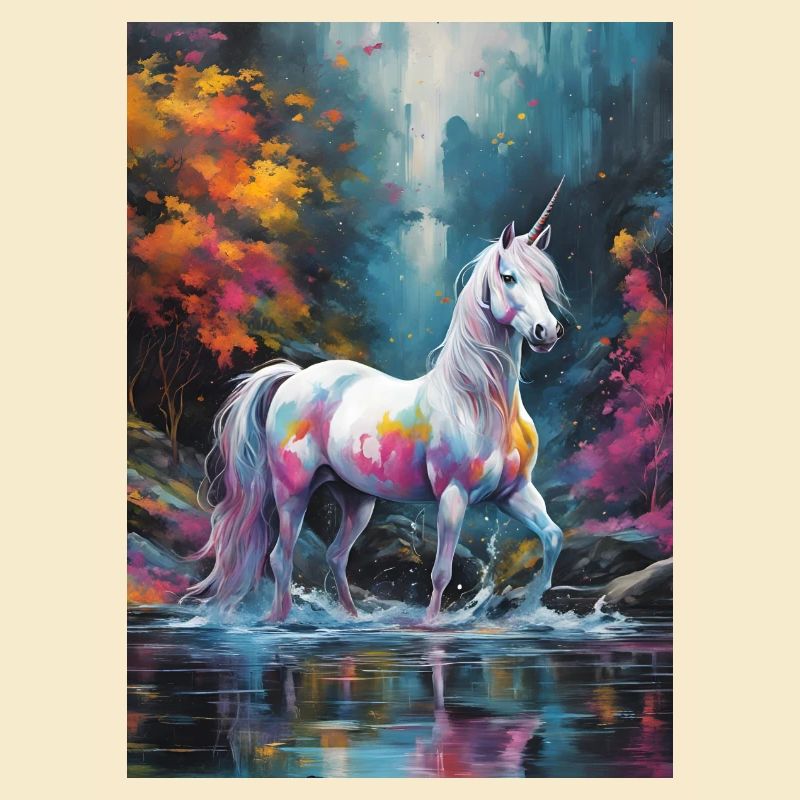 Ein Einhorn mit Farbtupfern