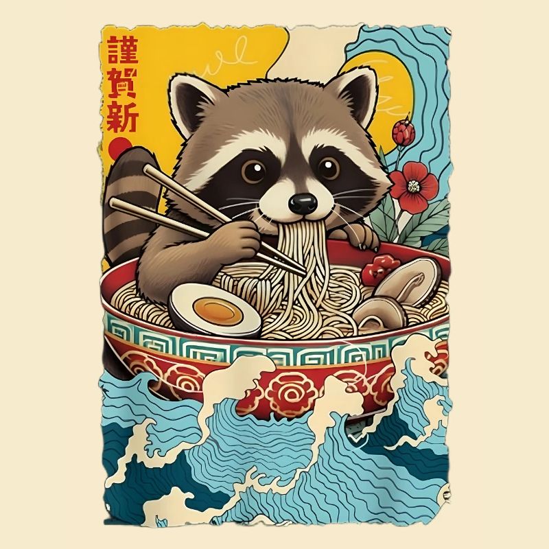 Waschbaer isst Ramen Nudeln