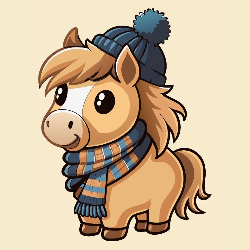 Poney mignon avec écharpe et chapeau à pompon.