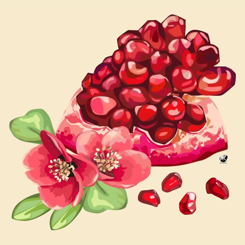 Morceau de grenade, fleurs et graines de grenade