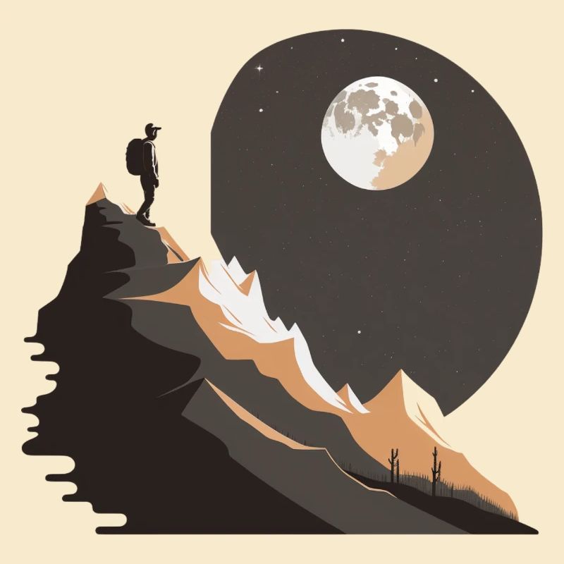 Hikers by moonlight in the mountains