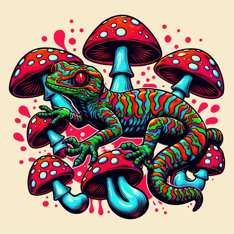 Psychedelic Gecko with Mushrooms