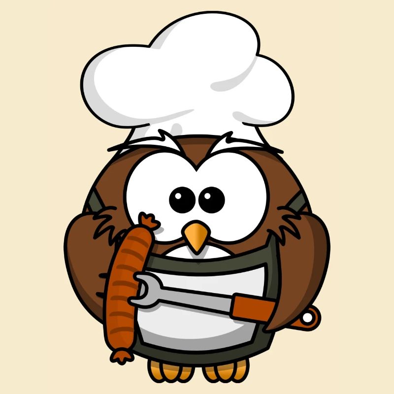 Eule am Grill mit Essen Comic Stil