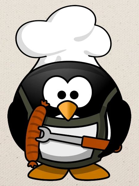 Kochender Pinguin mit Bratwurst. Geschenkidee