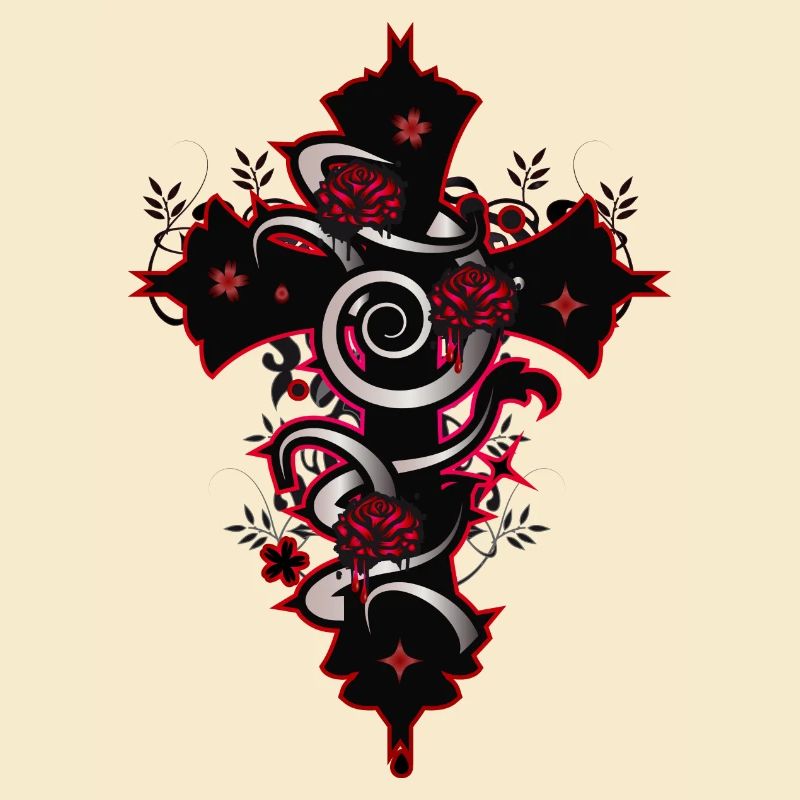 red black gothic cross with floral elements