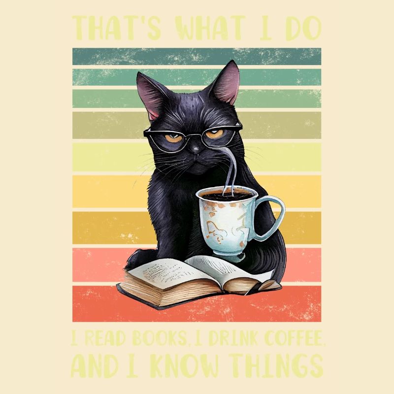 Schwarze Katze mit Kaffee und Buch