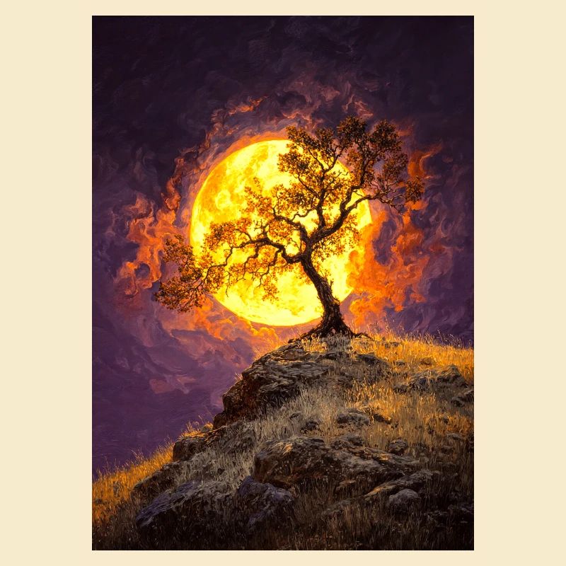 Einsamer Baum im Mondschein auf Klippe