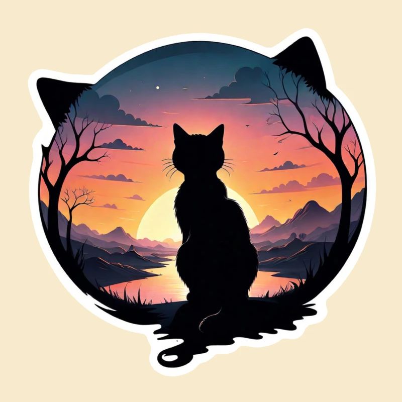 chat paysage et coucher de soleil
