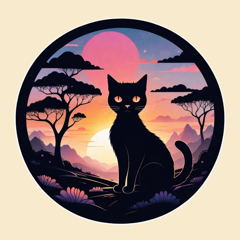 chat paysage et coucher de soleil