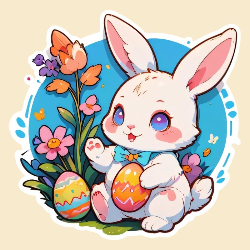 Easter bunny sitting with easter eggs