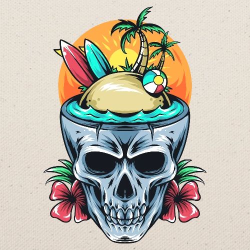 crâne d'éte et planche de surf