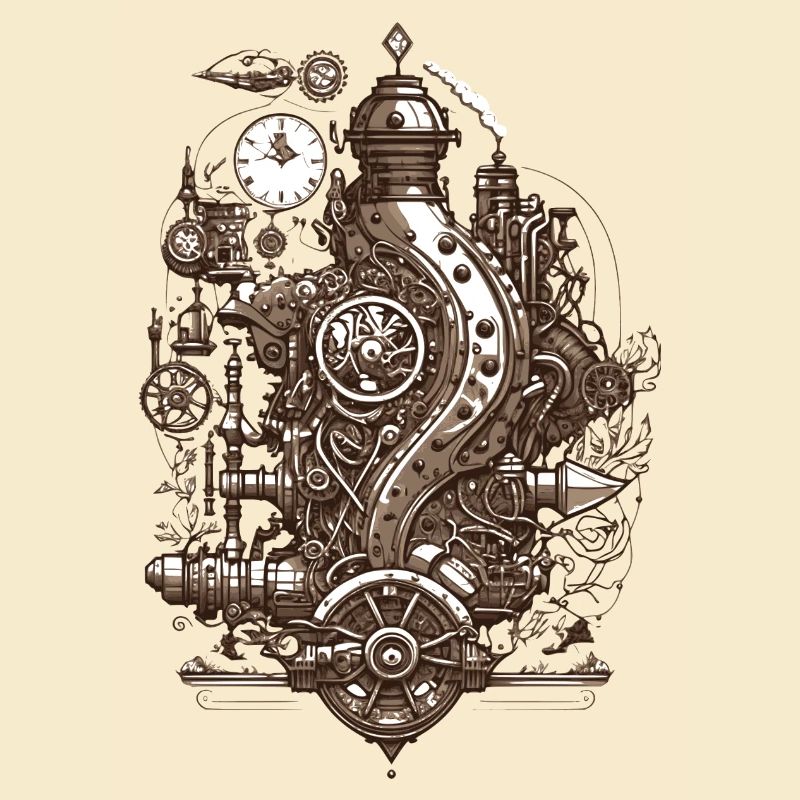 Steampunk technology steam engine with gears