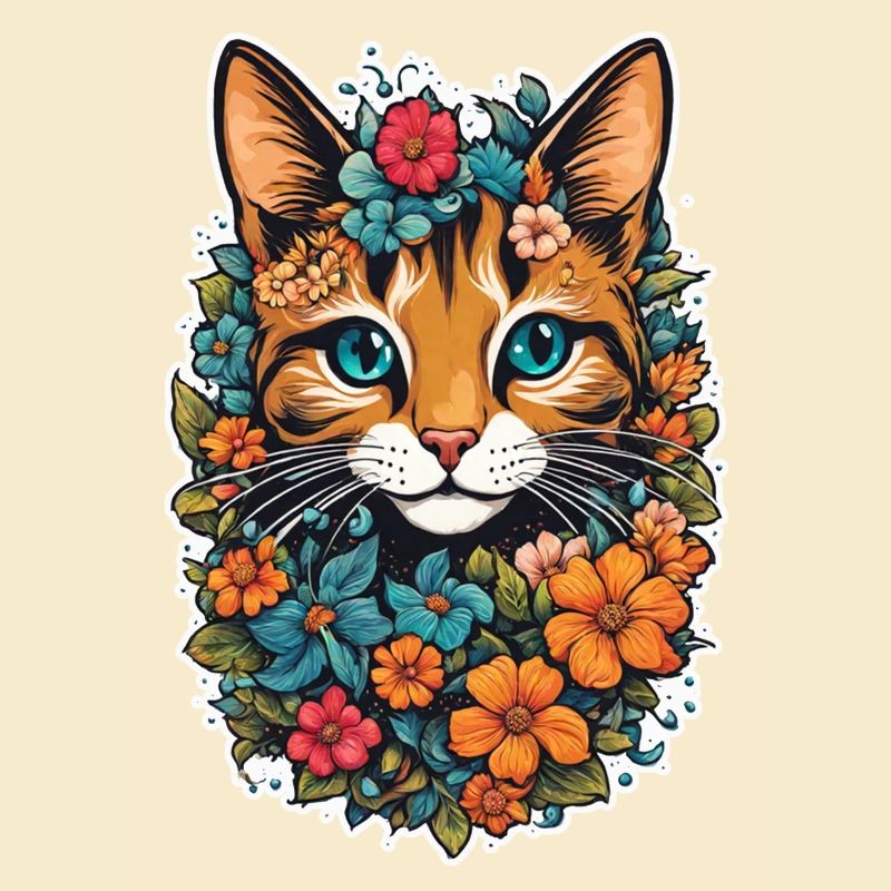 chat et fleur aquarelle