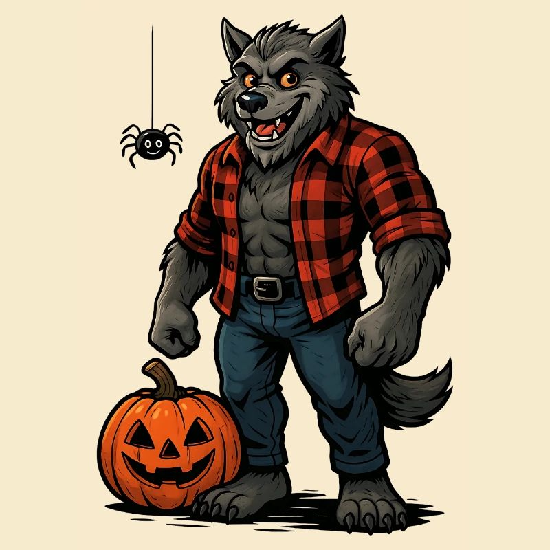 Halloween Werwolf mit Kürbis und Spinne