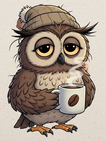 Verschlafene Eule Mit Kaffeetasse Cartoon