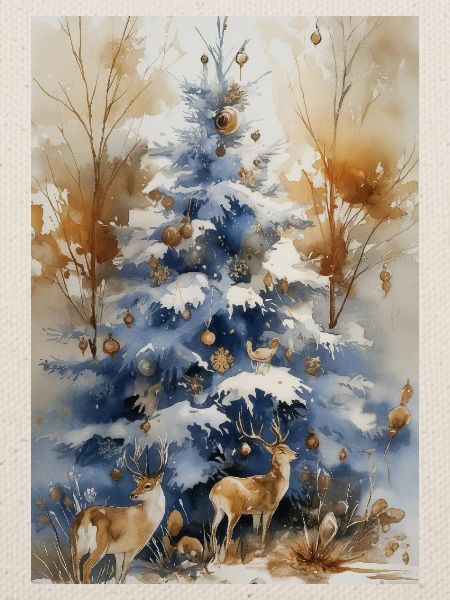 Blauer Weihnachtsbaum und Hirsch