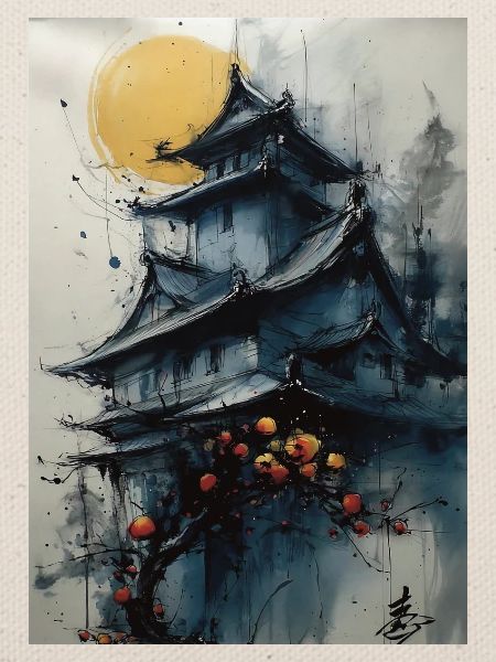 Pagode unter dem Mond in Aquarell