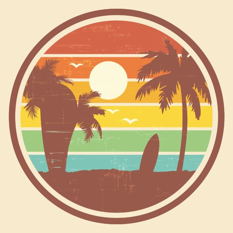 Beach landscape with palm trees and a surfboard