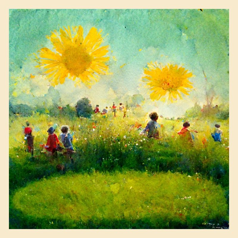 Fröhliche Kinder Spielen auf der Wiese gemalt