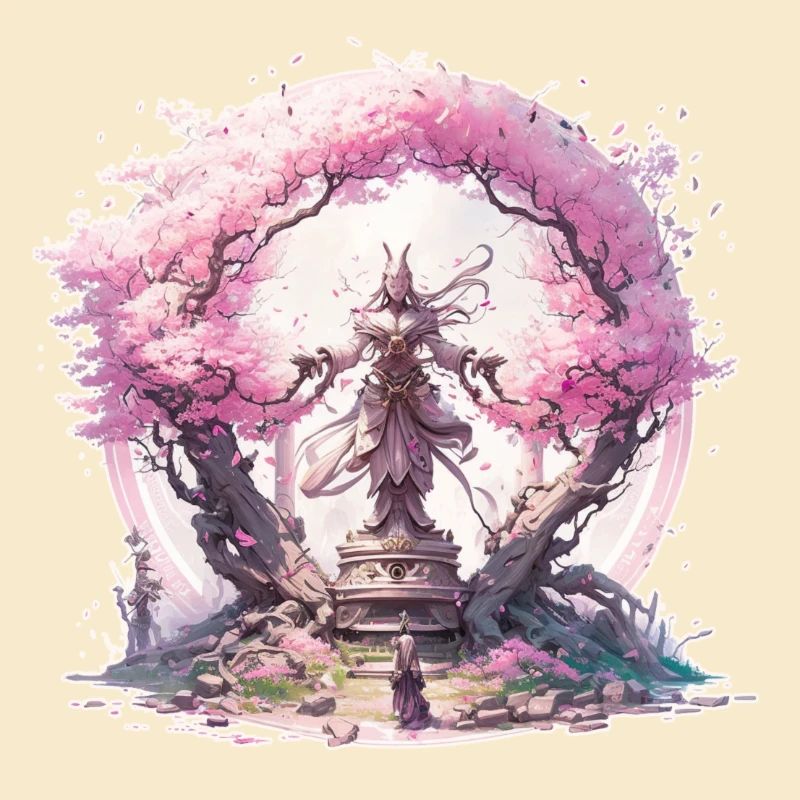 Statue under a cherry blossom tree