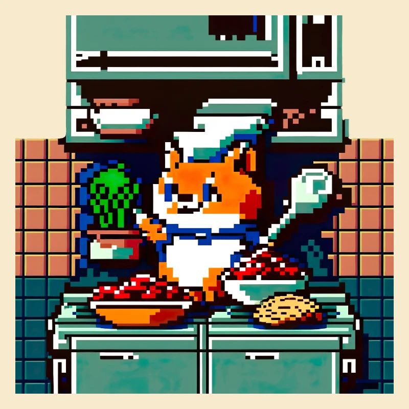 cooking cat in 8 bit as a chef in the kitchen