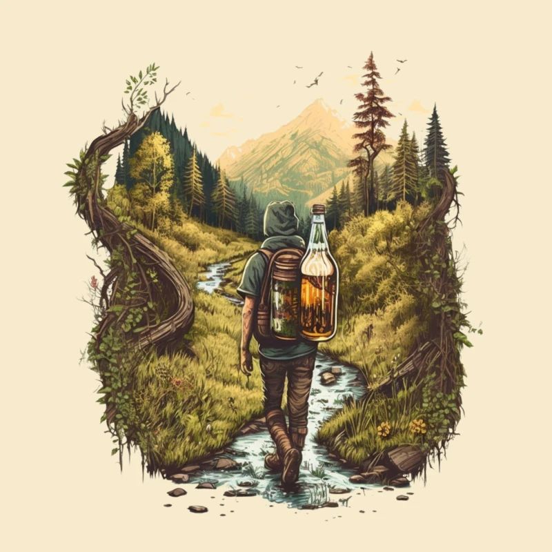 Wanderer am Fluss mit Bier im Rucksack