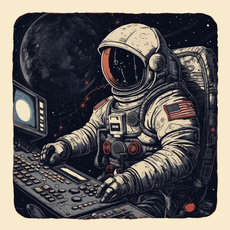 Cooler Retro Astronaut bedient Computer