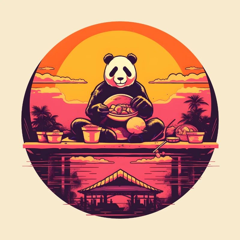 Synthwave mangeant Panda Japon Coucher de soleil
