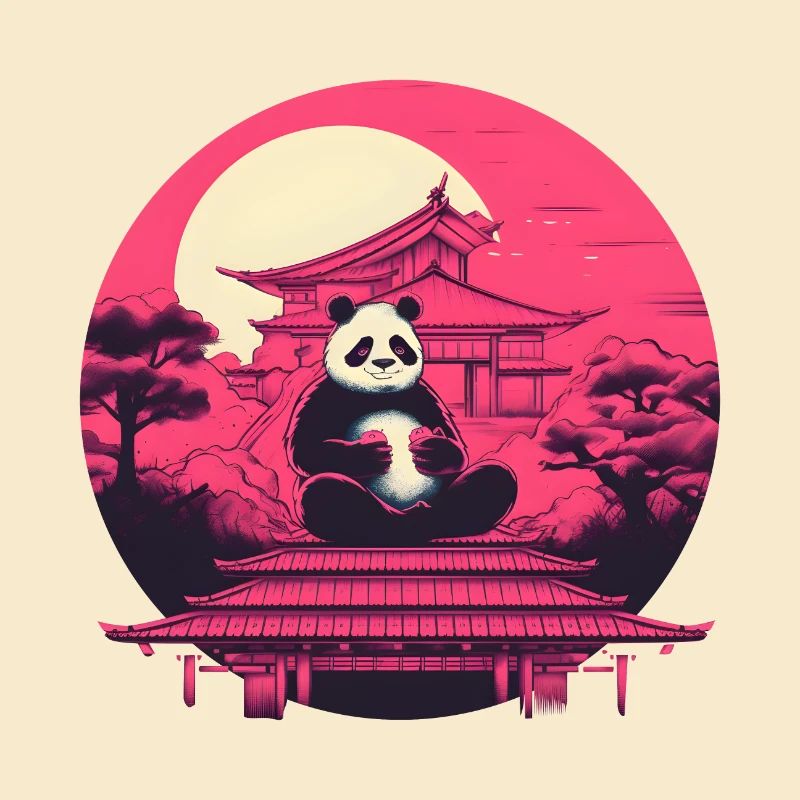 Synthwave mangeant Panda Japon Coucher de soleil