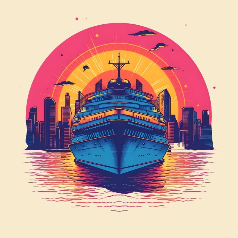 Coucher de soleil sur le bateau de croisière Synthwave