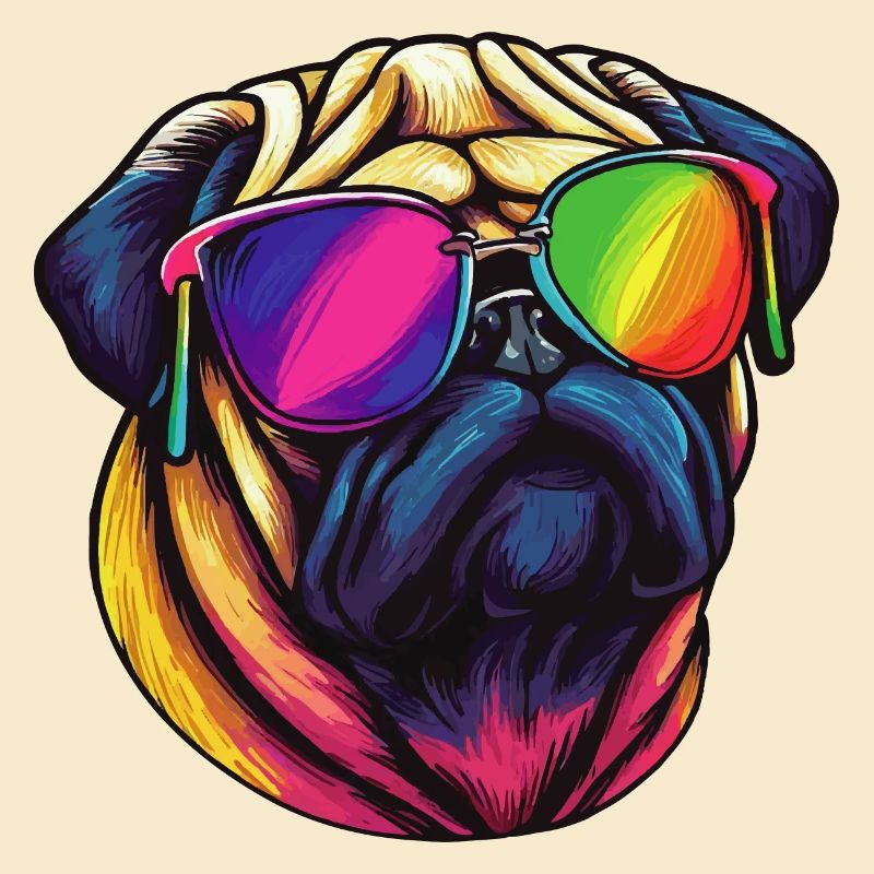 Mops Hund mit bunter Sonnenbrille