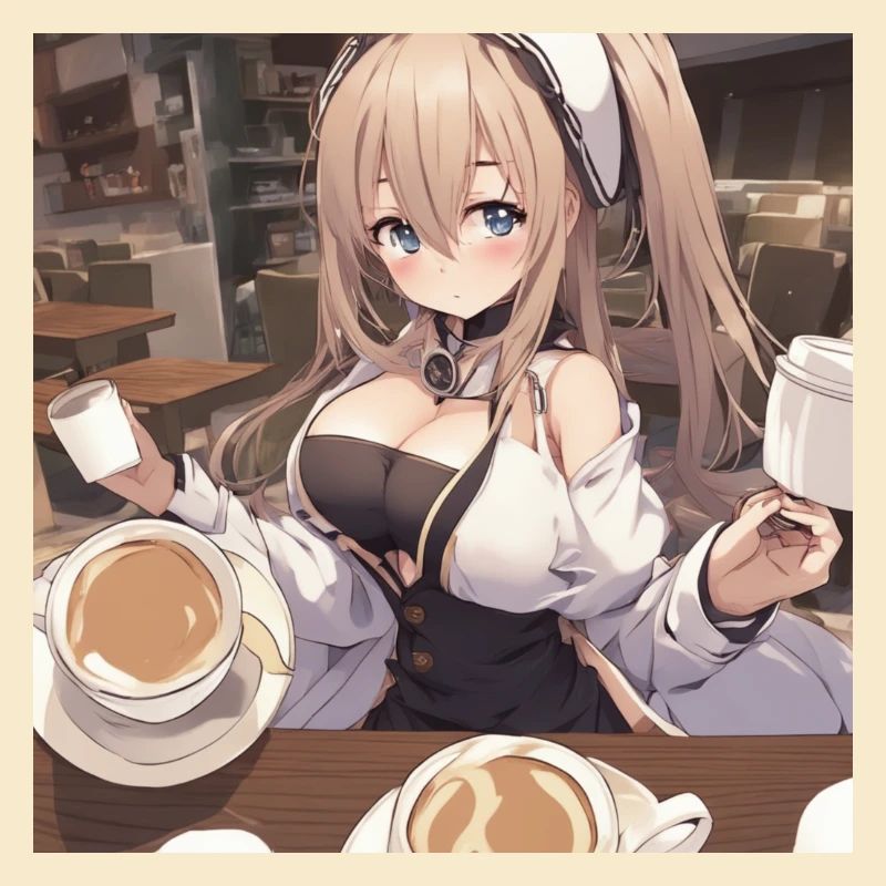 anime girl withe big boobs withe coffee