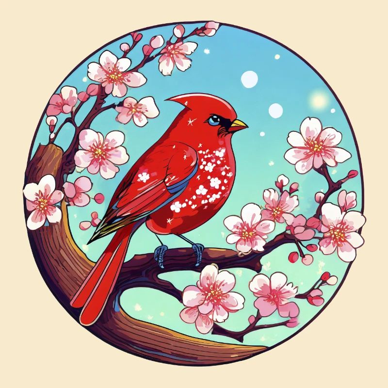 Red cardinal on a cherry blossom branch
