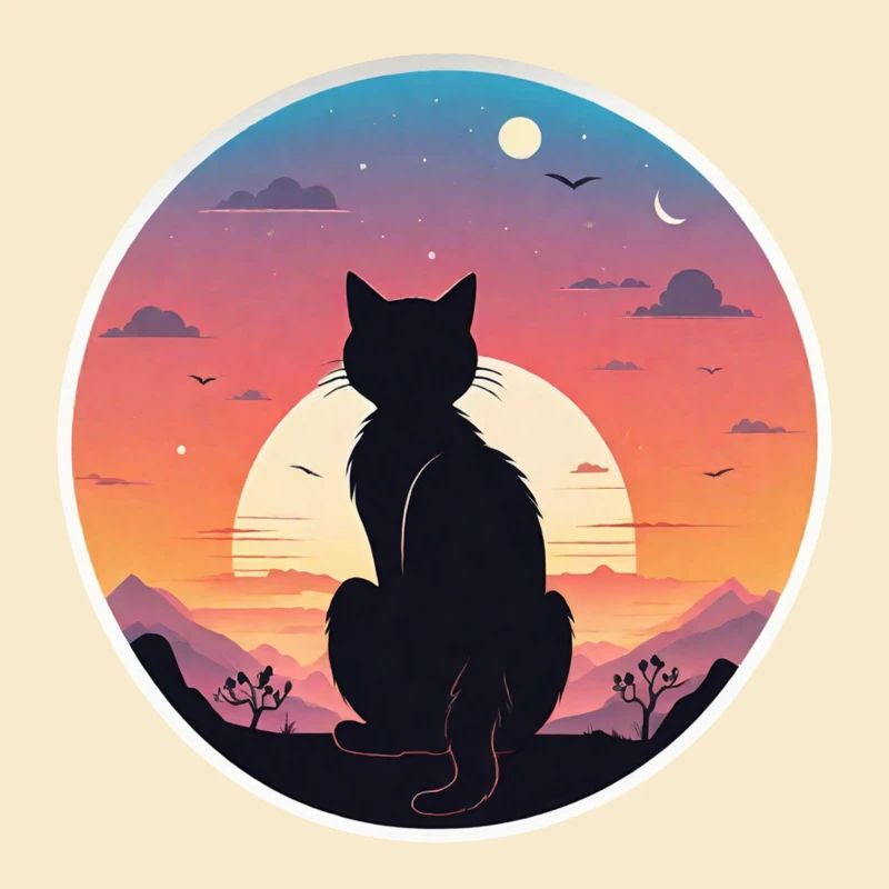chat paysage et coucher de soleil
