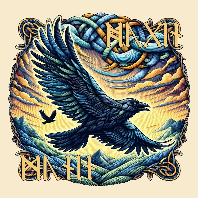 Hugin & Munin - Odin's raven with runic script