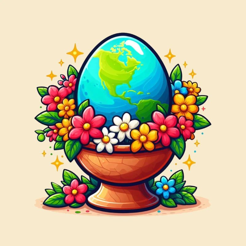 Die Erde in einem Eierglas mit Blumen drumherum