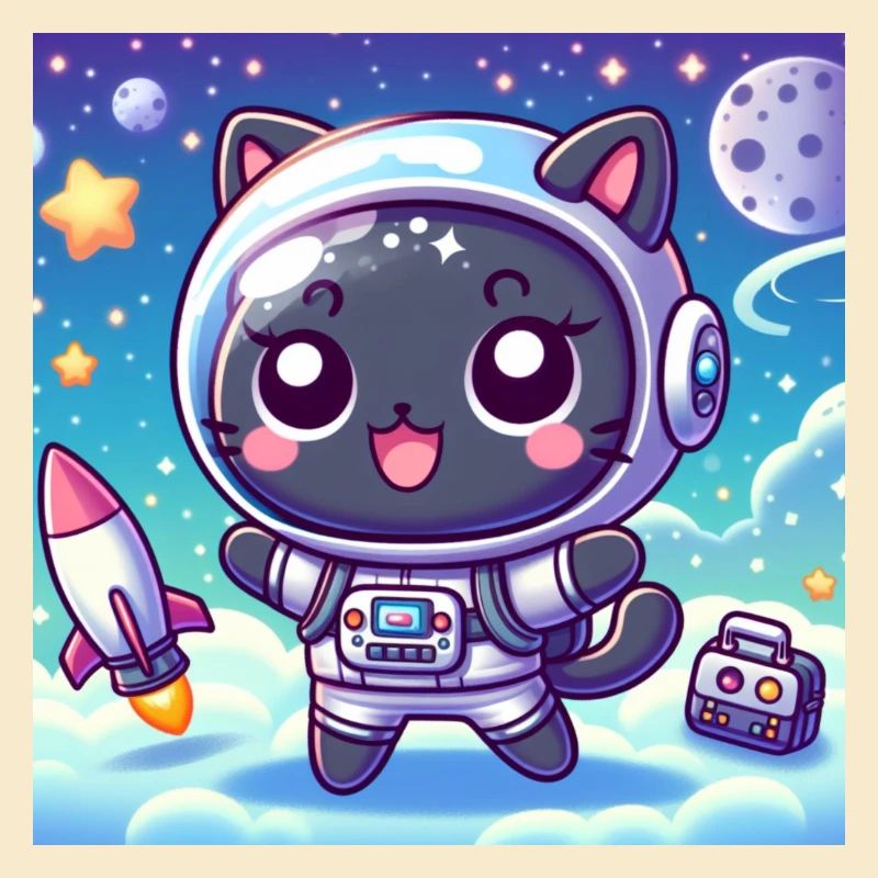 Space Kitty in space with rocket and bag