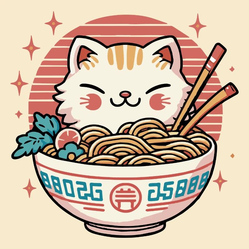 Chat Kawaii Mignon mangeant des Ramen - 1