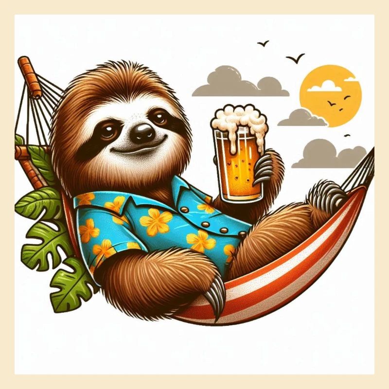 Faultier im Hawaii-Hemd mit Bier