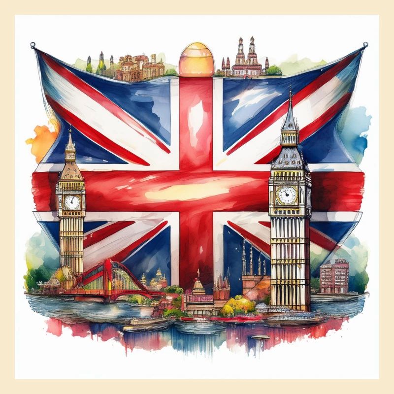 Watercolour Union Jack with British Landmarks