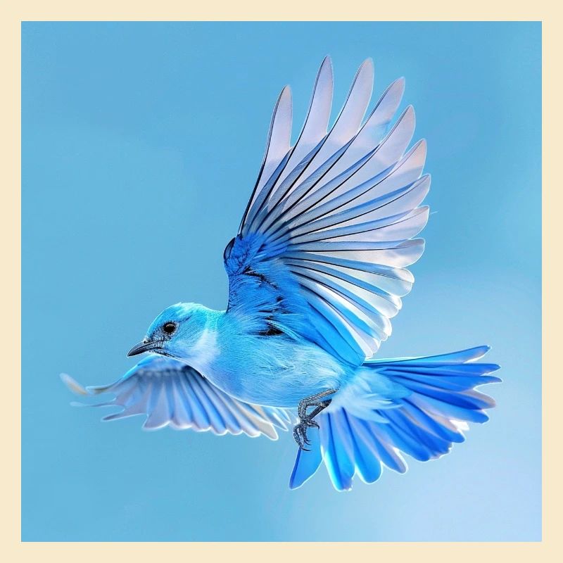 blauer Singvogel im Flug blauer Hintergrund