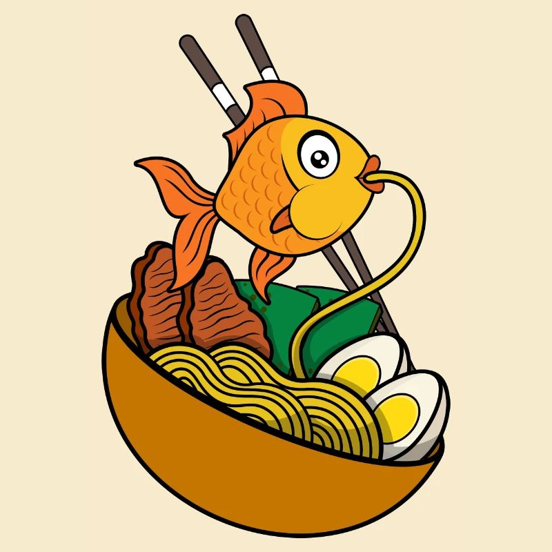 Poisson rouge mangeant des nouilles ramen |