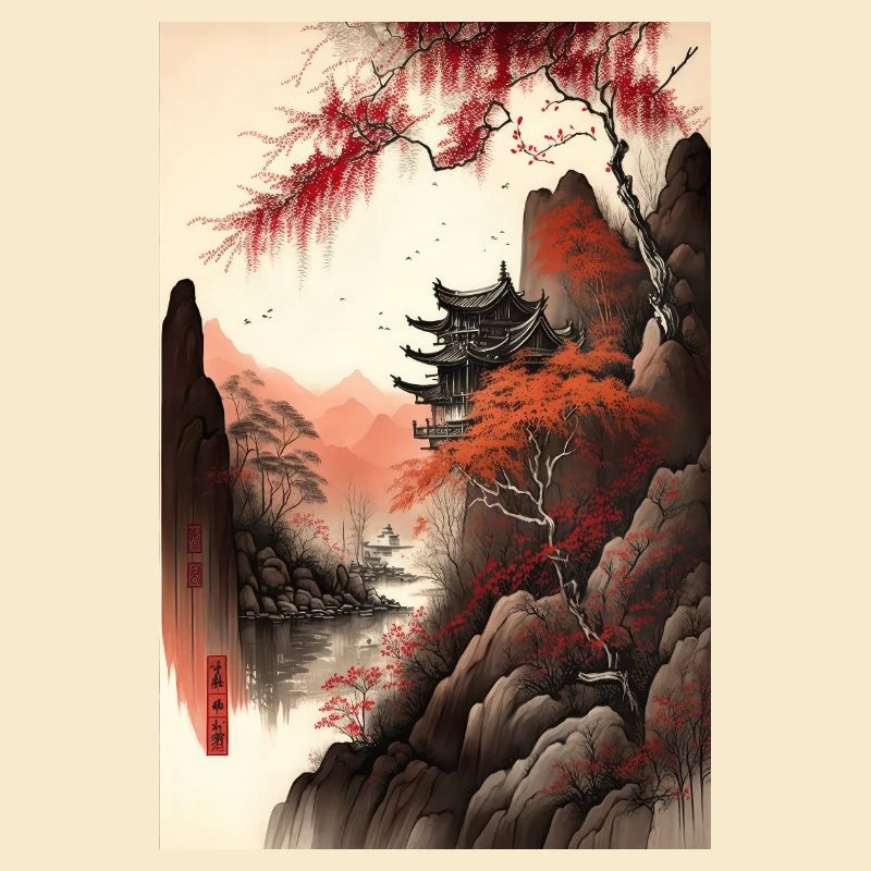 Chinesische Landschaft Rote Schwarze Tinte Tempel