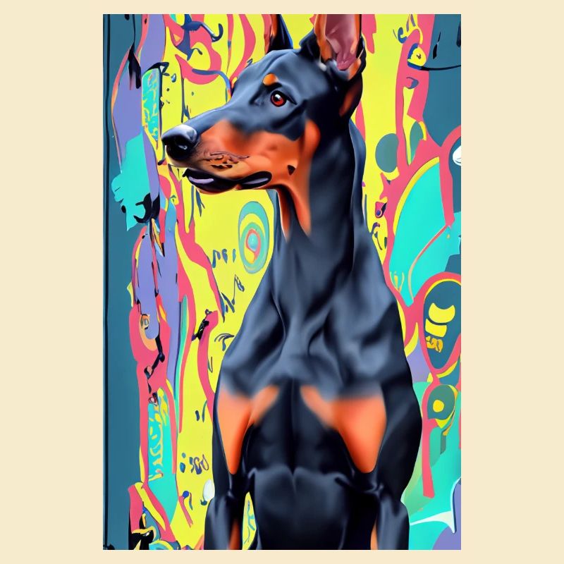 Dobermann vor buntem Hintergrund, Pop-Art modern