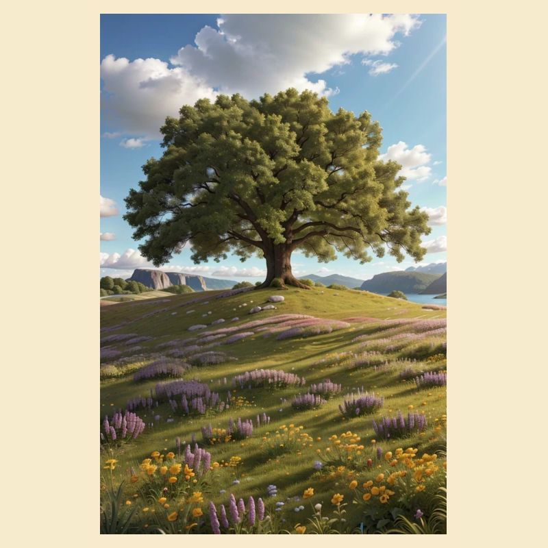 Eichenbaum auf Wildblumenwiese